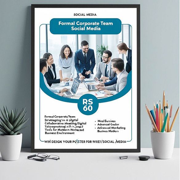 這張海報採用了正式的藍色和白色配色方案，展示了商務團隊在會議室開會的場景，配有“Formal Corporate Team Social Media”標題和相關的業務關鍵字，整體設計專業且現代。