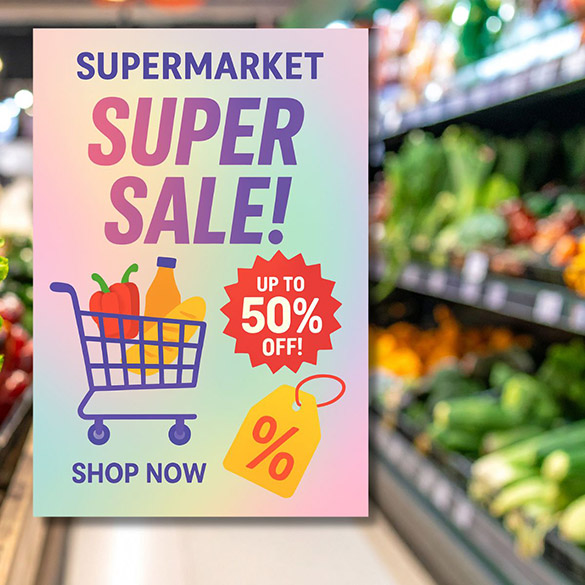 量販店促銷海報！ 這張海報採用了漸變背景，主標題“SUPER SALE！”使用了醒目的紫色漸變字體，配有購物車和折扣標籤等元素，整體設計非常吸引目光。