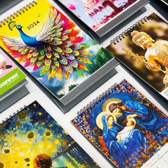 多款不同主題的座檯月曆，包括各類宗教、雀、佛，及藝術，封面具閃爍的效果的燙金