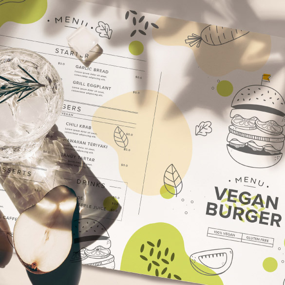 小清新的美式漢堡餐枱紙，白底綠色蔬果及漢堡插畫，美觀兼實用。期間限定的招牌菜式以英文清晰印於輕巧薄身的紙上
