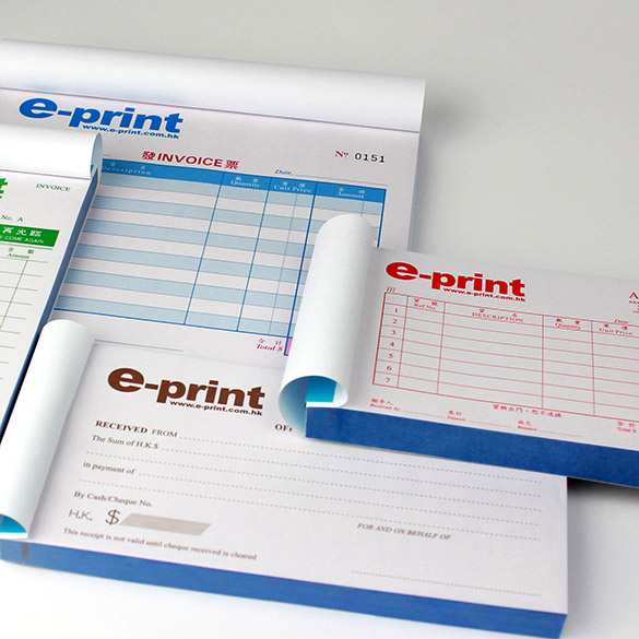 NCR單簿(NCR pad) 每頁不同顏色區分，Pad本位置左側，白面印有公司名稱logo，空白部分書寫後過底，方便記錄。