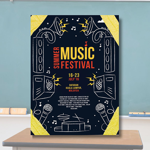 音樂節海報，海報採用了黑色背景配合黃色邊框，中央有手繪風格的音響和麥克風圖案，主標題“SUMMER MUSIC FESTIVAL”使用了醒目的黃色和紅色漸變字體。