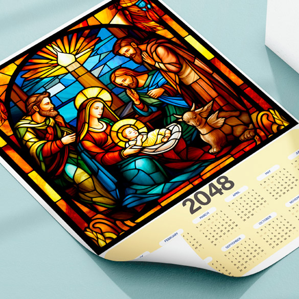 宗教月曆，內有耶穌誕生的圖案，以海報月曆形式展示