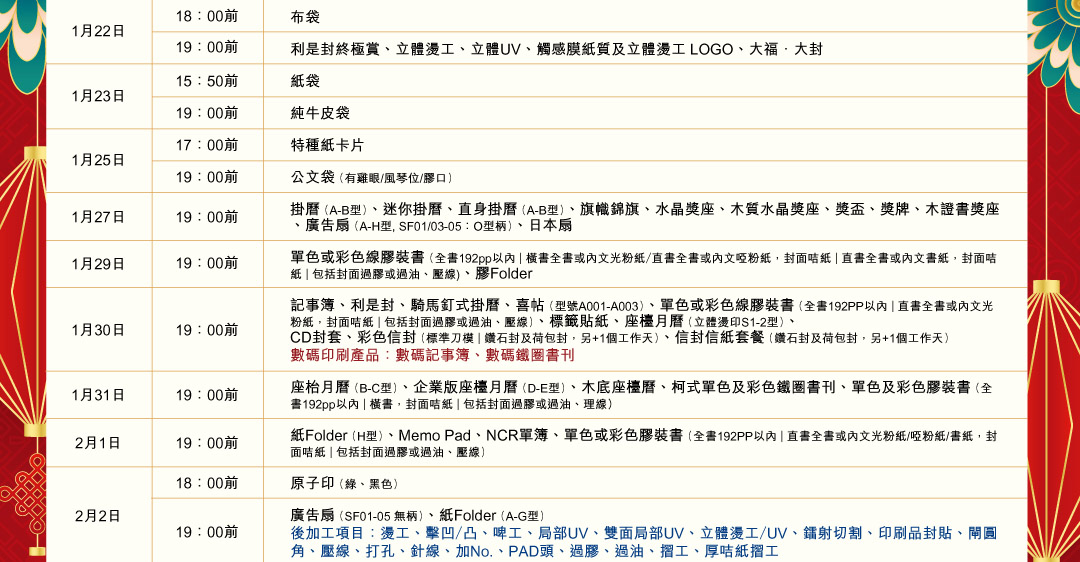 2024農曆新年截單日期