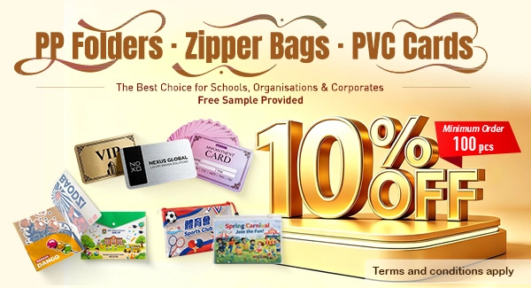 PP Folders · Zipper Bags · PVC Cards — 10% Off 